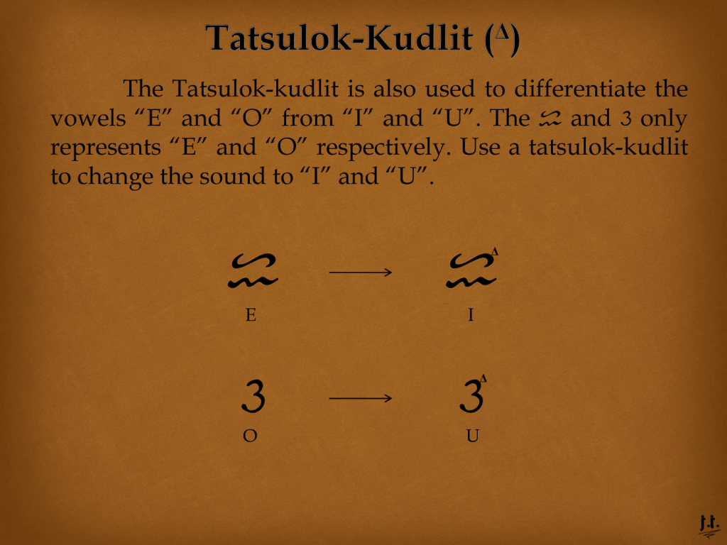 Modern Baybayin MB17+ Slide 3, Tatsulok-kudlit delta for vowels