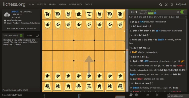 1-Kanji Shogi-Themed Chess (Japanized Chess) screenshot on Lichess. The Immortal Game.