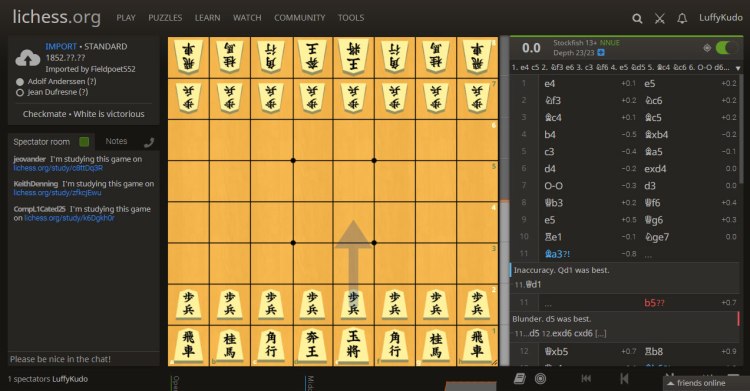 2-Kanji JI Shogi-Themed Chess (Japanized Chess) Screenshot on Lichess. The Evergreen Game.